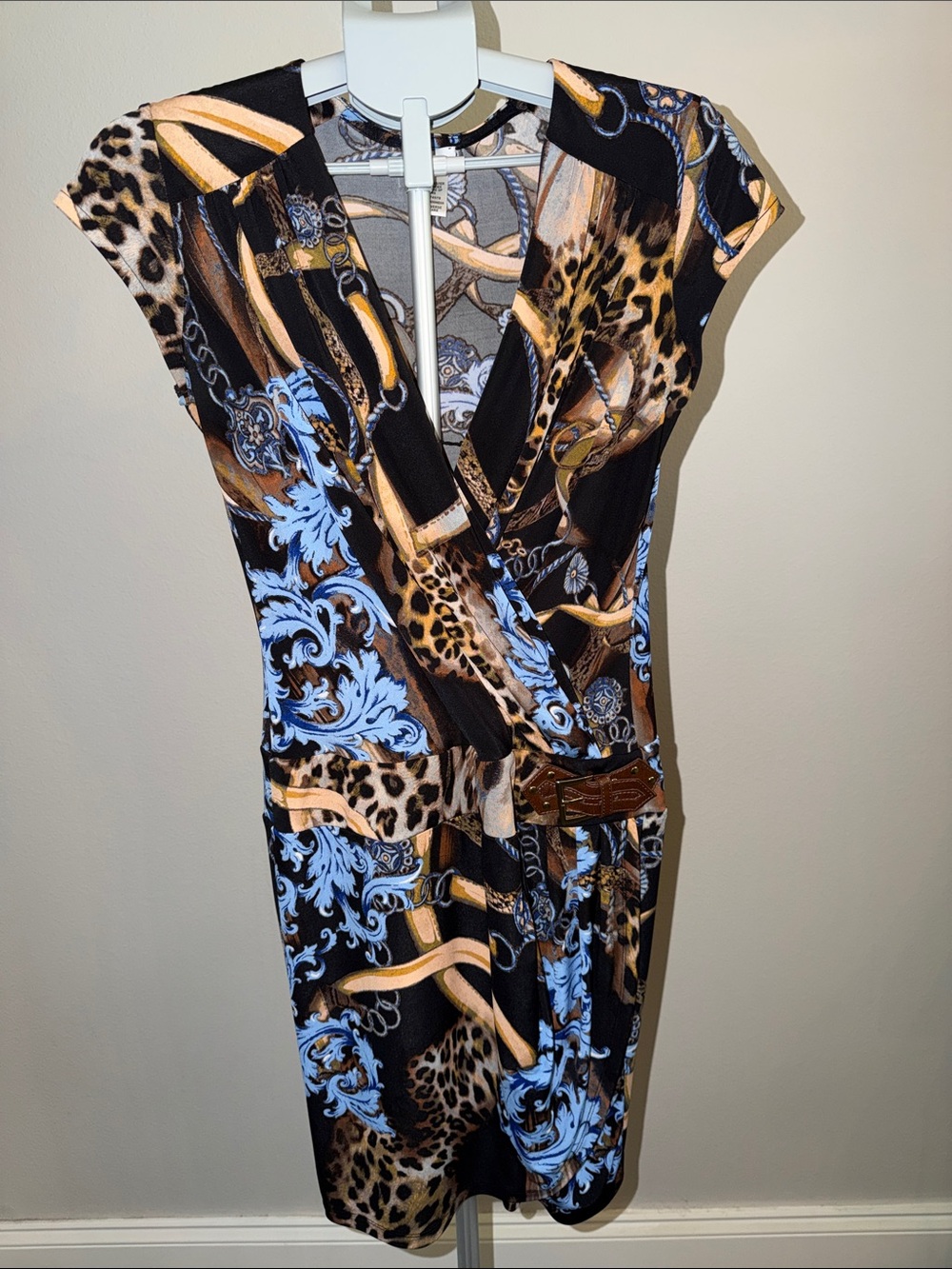 Cache Black Midi Wrap Dress with Blue and Tan Print